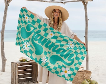 Personalized Retro 70s Style Personalized Beach Towel, Summer Vacation Gift
