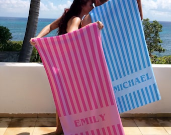 Personalized Stripe Beach Towel, Custom Name Pool Towel, Summer Vacation Gift