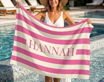 Personalized Stripe Beach Towel, Custom Name Pool Towel, Summer Vacation Gift