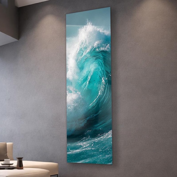 Turquoise Ocean Wave Glass Wall Art, Vertical Coastal Tempered Glass Artwork for Modern Luxury Living Room and Beach House Decor Style Piece