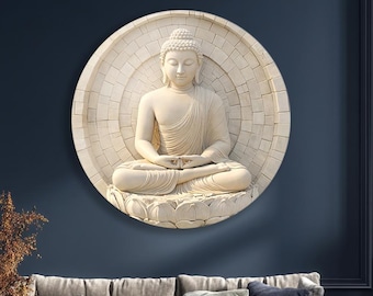 Runde abstrakte Glaswandkunst mit Buddha-Motiv, Zen-spirituelle Wohndekoration, friedvolle Kreisskulptur aus gehärtetem Glas