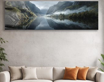 Norwegian Fjord Glass Wall Art, Panoramic Mountain Lake Landscape, Tempered Glass Artwork for Modern Living Room and Nature Home Decor Print