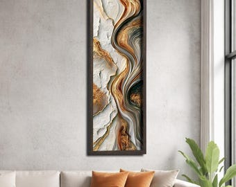 Ivory Gold Marble Glass Wall Art, Vertical Abstract Stone Flow, Tempered Glass Artwork for Modern Luxury Living Room and Elegant Home Decor