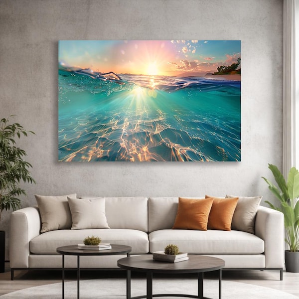 Turquoise Ocean Sunset Glass Wall Art, Tropical Beach Wave Tempered Glass Artwork, Coastal Seascape Decor for Modern Home Interiors and Spas