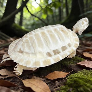 May include: A close-up of a white turtle with a textured shell, set against a forest floor with fallen leaves and moss. The turtle's head and legs are visible, showcasing its unique color and form.