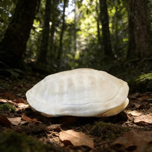May include: A close-up of a white turtle shell on a forest floor. The shell is smooth and slightly translucent, with visible patterns. The background features trees and sunlight filtering through the leaves, creating a natural setting.