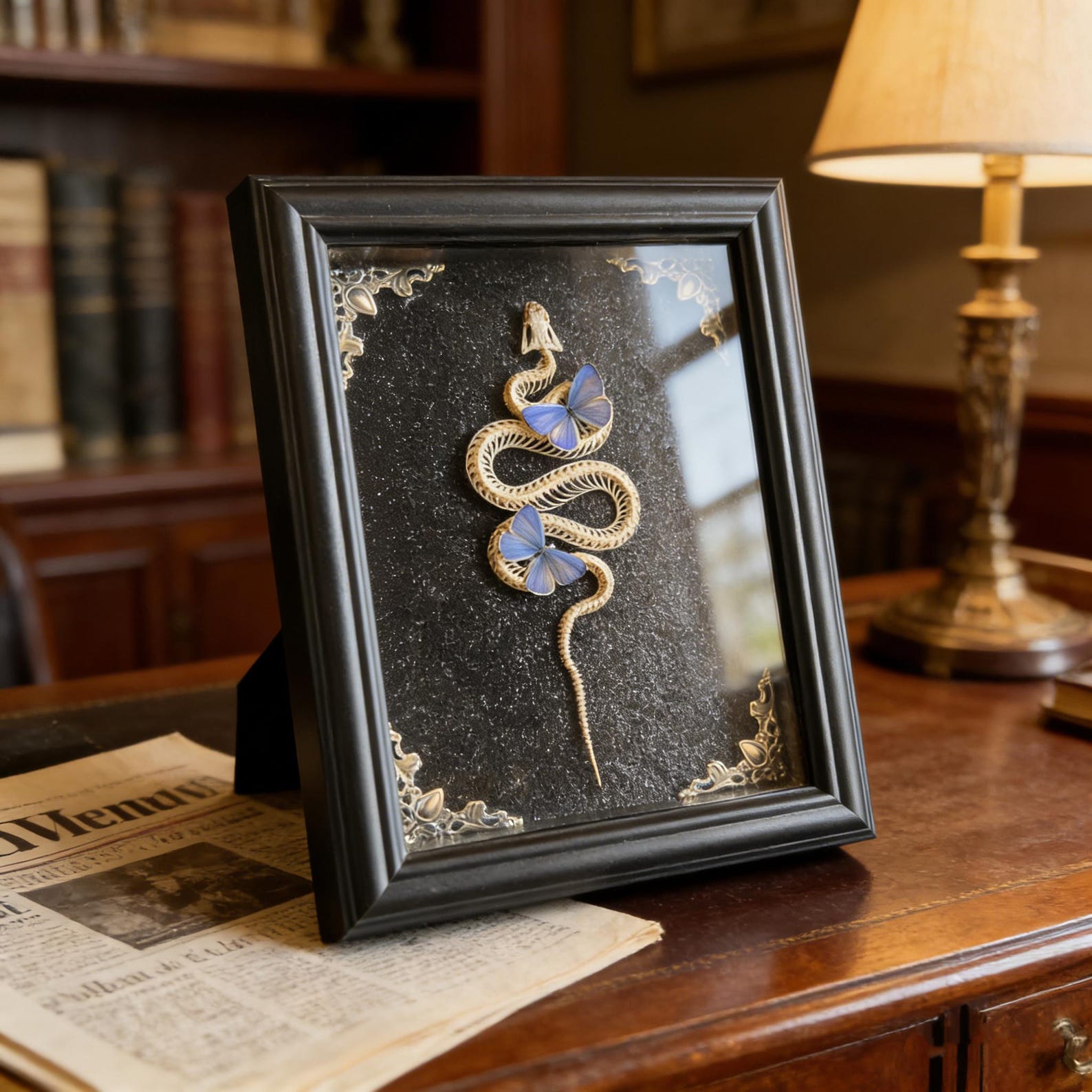 Real Snake Skeleton Butterfly Specimen Frame | Ethical Bone Art, Dark Academia Decor
