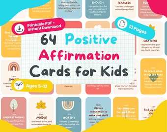 Kids Affirmation Cards Printable | 64 Positive Affirmations for Children | Mindfulness & SEL Resource | Instant Download