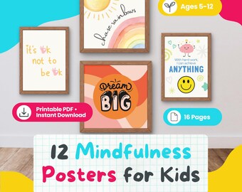 May include: Four framed posters featuring colorful illustrations and motivational text. One reads 'it's ok not to be ok', another 'chase rainbows', one 'dream BIG', and the last 'With hard work, I can achieve ANYTHING' with a brain and smiley face.