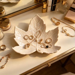 Maple Leaf Ceramic Jewelry Tray, Embossed Leaf Trinket Dish, Neutral Vanity Organizer, Nature Inspired Dresser Decor, Gift for Her