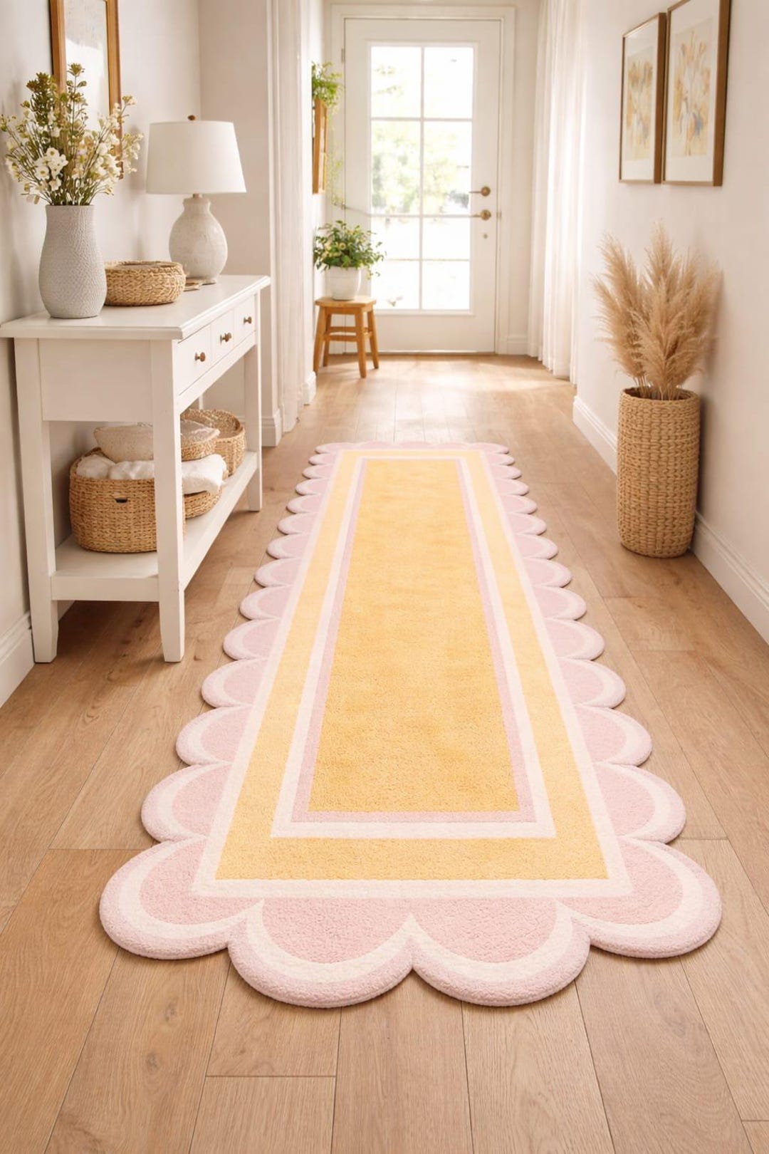 Scalloped Hand Tufted Wool Rug, Pastel Pink and Yellow Runner for ...