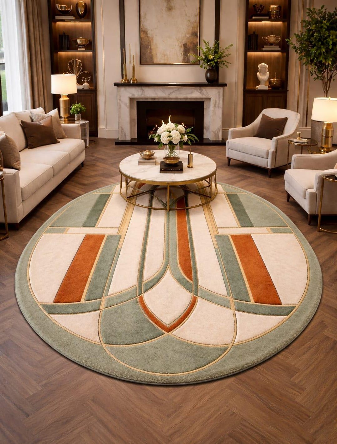 Art Deco Hand Tufted New Zealand Wool Rug - Large Oval Geometric Area ...