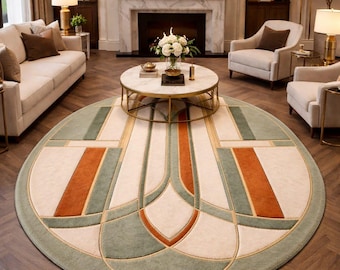 Alfombra Art Déco de lana neozelandesa tejida a mano - Alfombra geométrica ovalada grande para sala de estar - Estilo moderno de mediados de siglo, verde salvia y naranja quemado