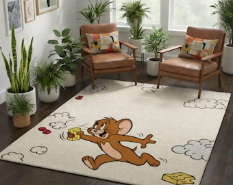 Alfombra Jerry Mouse, tejida a mano - Lana premium de Nueva Zelanda - Alfombra personalizada con dibujos animados para guardería, habitación infantil y sala de juegos - Arte de suelo 3D original
