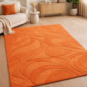 Handgetuft tapijt oranje, 100% Nieuw-Zeelandse wol 3D gesneden golfpatroon, modern minimalistisch zacht vloerkleed voor woonkamer, vloerkleed aangepast formaat