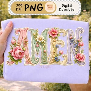 Könnte beinhalten: Ein digitales Design auf lavendelfarbenem Hintergrund zeigt das Wort "AMEN" in Pastellfarben, verziert mit floralen Verzierungen und perlenartigen Akzenten. Das Design enthält den Text "300 DPI PNG" und "Digitaler Download".