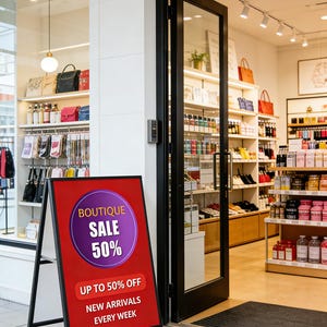 May include: An open boutique storefront with a red and black A-frame sign. The sign reads "BOUTIQUE SALE 50%" and "UP TO 50% OFF NEW ARRIVALS EVERY WEEK". The store displays handbags, accessories, and other merchandise.