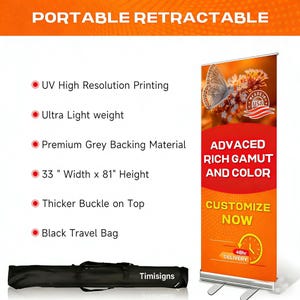 May include: A portable retractable banner with a colorful butterfly image. The banner is 33 inches wide and 81 inches high, with the text "ADVACED RICH GAMUT AND COLOR" and "CUSTOMIZE NOW". It includes a black travel bag.