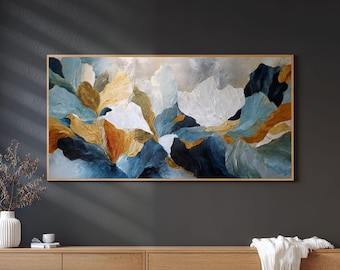 Cuadro abstracto 3D con textura azul y dorada, pintura floral moderna. Envío gratuito.