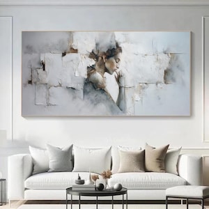 Palette Knife Gray White  Figure Painting, Minimalist Textured Wall Art, Large Horizontal Living Decor