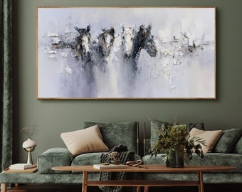 Textured Neutral Horse Wall Art, Impasto 3D Animal Painting, Large Horizontal Above Sofa Decor, Handmade Acrylic Art