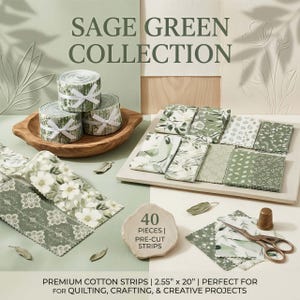 Puede incluir: Una colección de tiras de tela de algodón verde salvia con estampados florales y botánicos. El conjunto incluye tres rollos atados con cinta blanca, varias tiras planas precortadas y una etiqueta de piedra que dice 40 PIECES | PRE-CUT STRIPS. Incluye un dedal de metal y tijeras.
