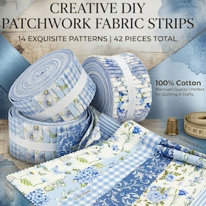 May include: A set of 42 fabric strips in 14 blue and white patterns, including daisies, hydrangeas, and gingham. The collection features rolls of cotton fabric, a metal thimble, and a measuring tape showing imperial units on the tape markings.