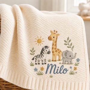 Manta de bebé personalizada con diseño de safari y nombre - Animales de safari bordados, manta de punto suave para la habitación del bebé, regalo para baby shower