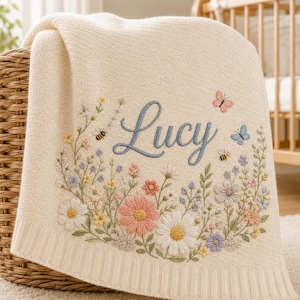 Personalized Floral Baby Blanket, Custom Name Blanket for Baby Girl, Soft Embroidered Flower Throw, Newborn Nursery Decor, Baby Shower Gift