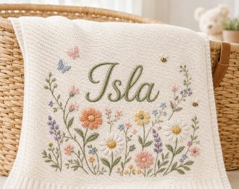 Manta de bebé bordada personalizada, manta floral con nombre personalizado, recuerdo de flores silvestres, decoración suave para la habitación del bebé, regalo para baby shower de niña