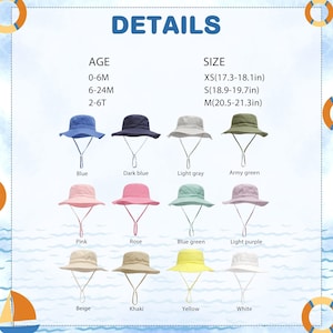 May include: A display of children's sun hats in various colors, including blue, pink, and yellow. The hats have chin straps and are available in sizes XS (17.3-18.1 inches), S (18.9-19.7 inches), and M (20.5-21.3 inches). The image includes the word "DETAILS".