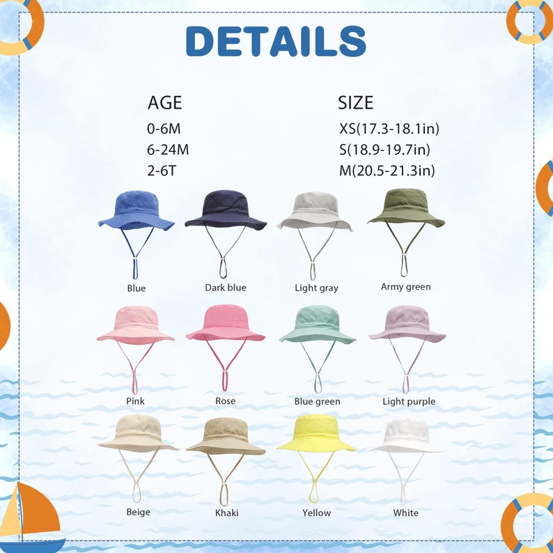 May include: A display of children's sun hats in various colors, including blue, pink, and yellow. The hats have chin straps and are available in sizes XS (17.3-18.1 inches), S (18.9-19.7 inches), and M (20.5-21.3 inches). The image includes the word "DETAILS".