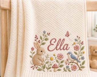 Copertina per neonato personalizzata con il nome Ella, con coniglietto e fiori ricamati, morbida copertina in maglia, regalo per baby shower, ricordo per la cameretta, copertina con nome personalizzato