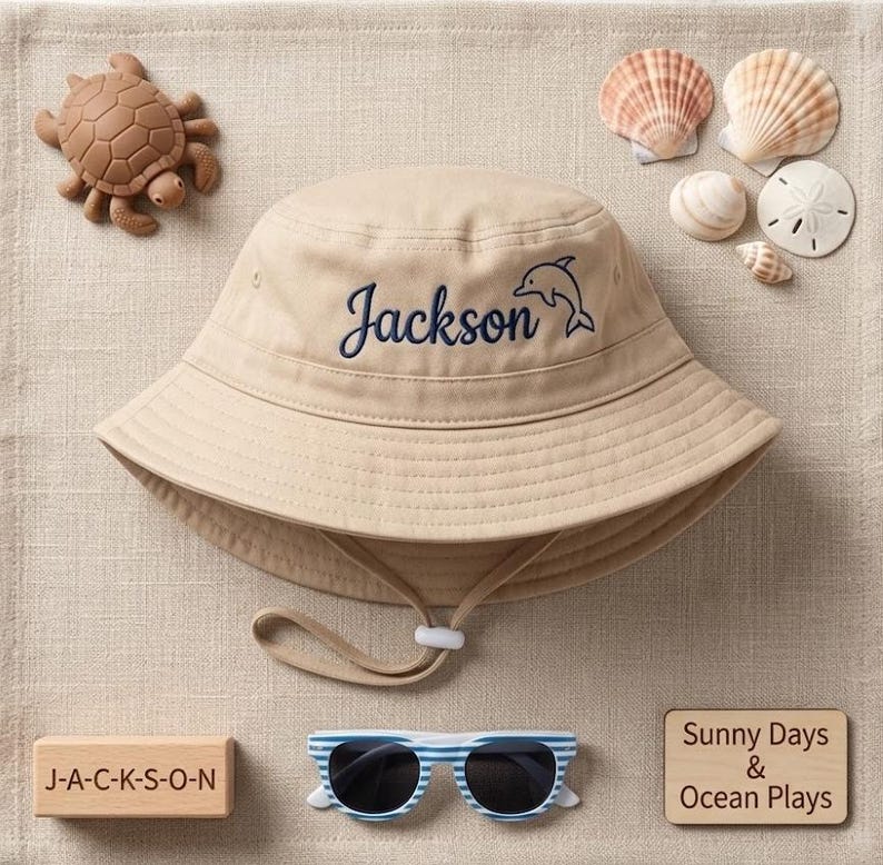 May include: A tan bucket hat embroidered with the name "Jackson" and a dolphin. The hat has a chin strap and is surrounded by seashells, a turtle toy, sunglasses, and wooden blocks that spell out "J-A-C-K-S-O-N". A wooden sign reads "Sunny Days & Ocean Plays".