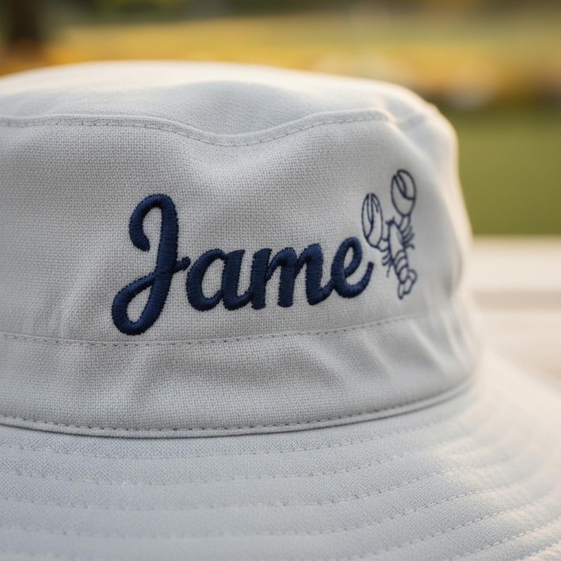 May include: Light gray bucket hat with the name "James" embroidered in navy blue script, accompanied by a navy blue lobster graphic. The hat is made of a textured fabric and is suitable for outdoor wear.