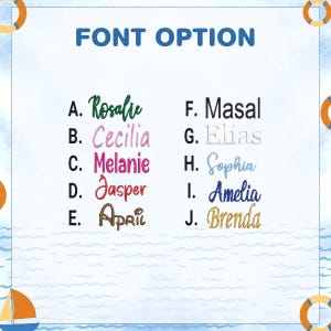 May include: A graphic displaying font options for personalization. The text "FONT OPTION" is at the top. Ten names are listed in different fonts and colors, including Rosalie, Cecilia, Melanie, Jasper, April, Masal, Elias, Sophia, Amelia, and Brenda.