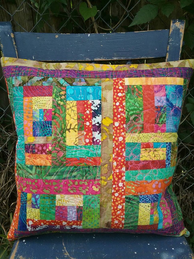 Quilted pillow case, one of a kind standard throw pillow case, washable quilted pillow case, bright colors throw pillow, living room art image 1
