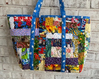 Big Quilted tote bag made with recycled fabric - eco friendly - one of a kind - quilt art - handmade - ecofashion -shopping - sustainable