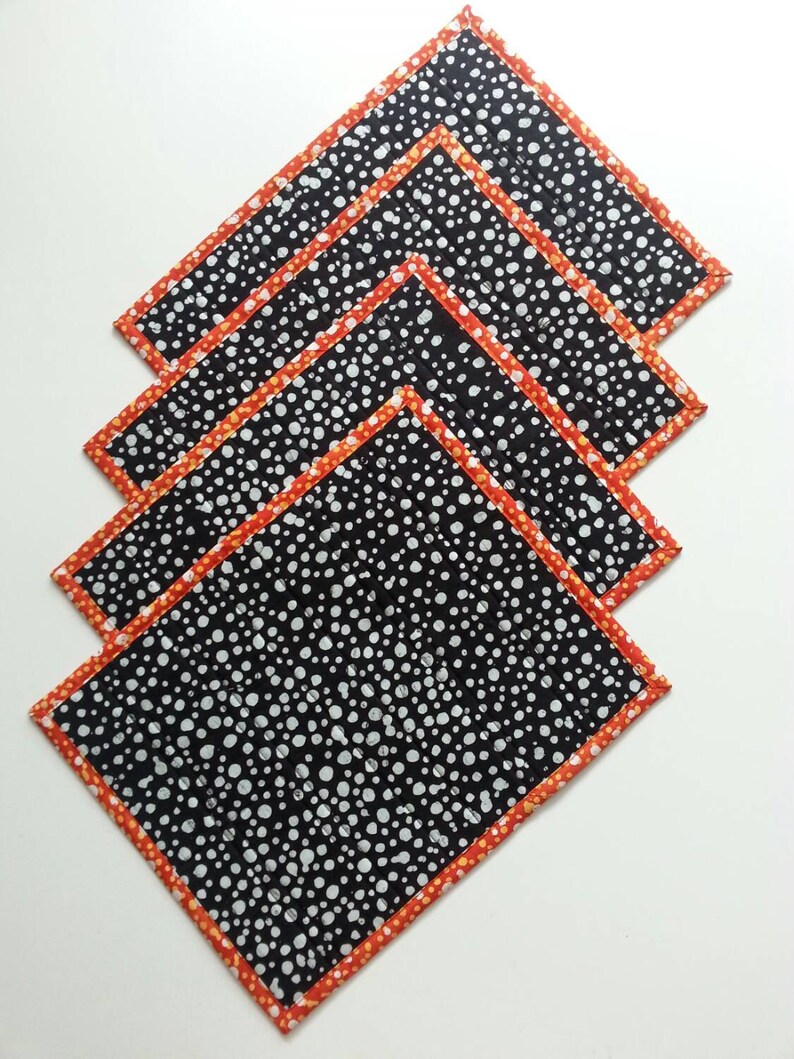 SOLD Four quilted placemats bright summer colors batik cotton sunflowers polka dots black red multi color patio placemats washablereversible