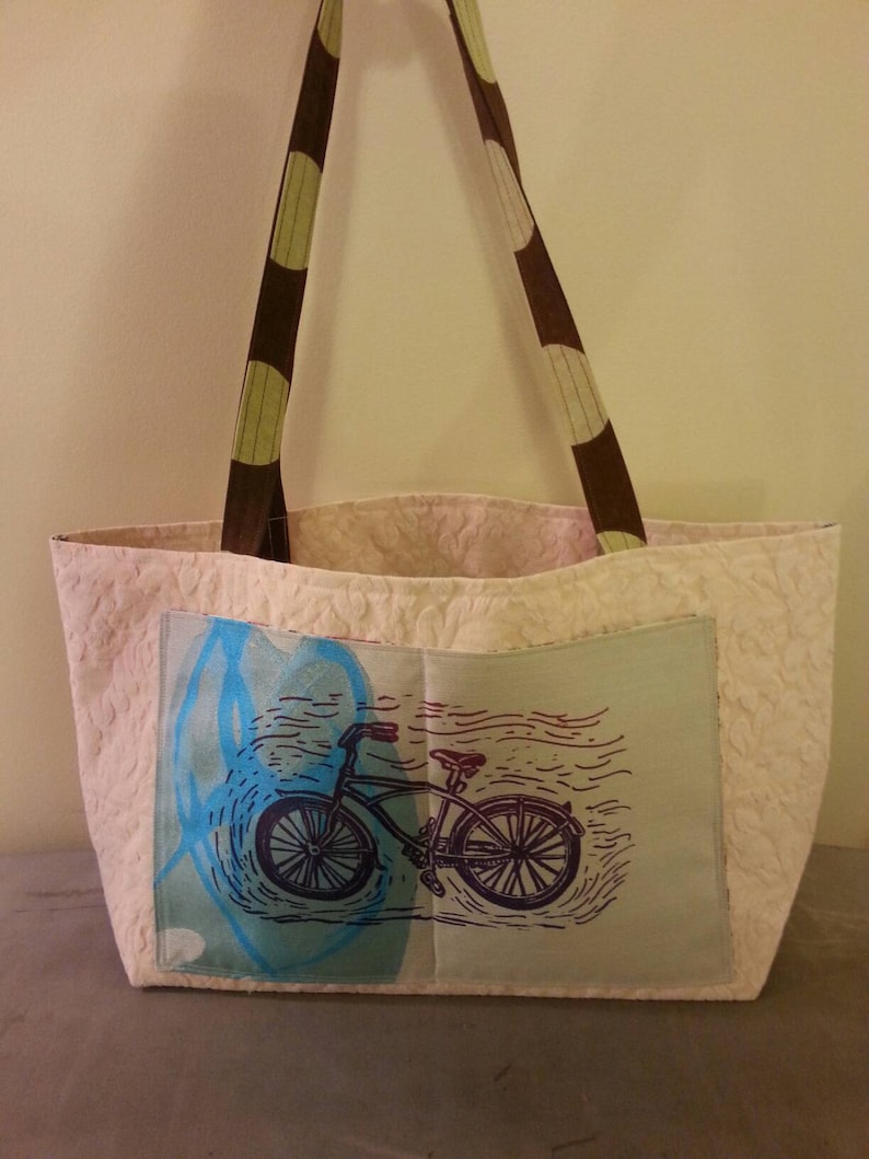 bike print tote bag handmade with recycled upcycled upholstery fabric farmers market grocery shopping beach bag gym bag school bag work tote