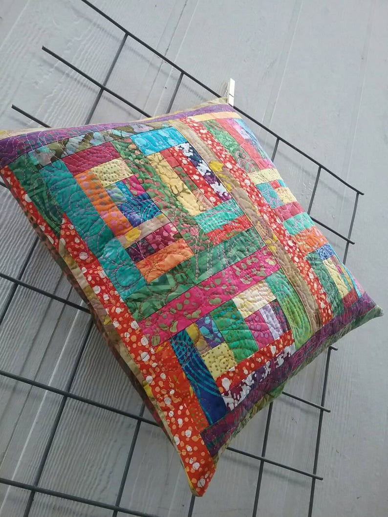 Quilted pillow case, one of a kind standard throw pillow case, washable quilted pillow case, bright colors throw pillow, living room art image 4