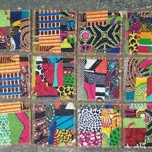 May include: Nine colorful fabric squares with different patterns, each sewn together with a gold thread border. The squares are arranged in three rows of three, creating a patchwork design.