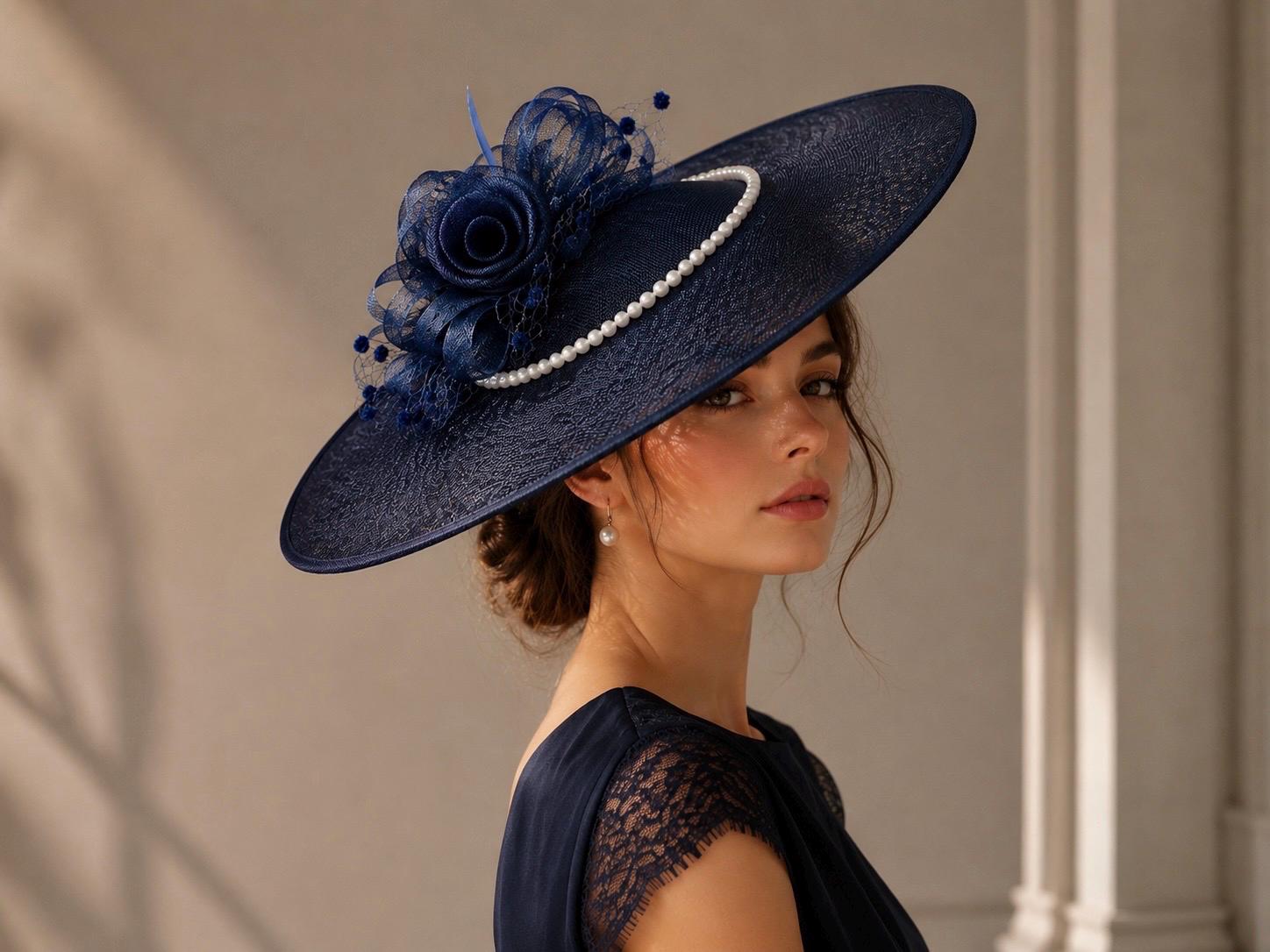 Navy Women\'s Decorative Satin Occasion Hat with Pearl Trim Women main image 4