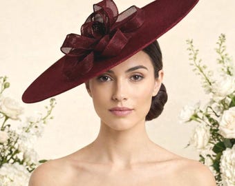 Burgundy Statement Fascinator – Vintage Inspired Wide Brim Hat for Weddings, Races & Royal Ascot