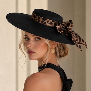 Black Leopard Bow Wide Brim Hat | Elegant Occasion Hat, Ascot Ready