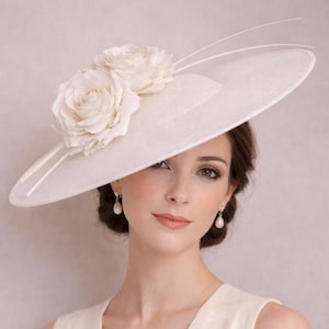 Ivory Wide Brim Fascinator Hat – Handcrafted Roses, Sinamay Base, Bridal Occasion Headpiece