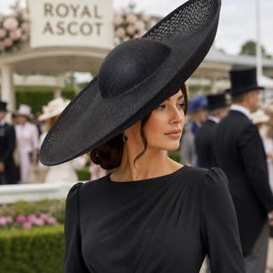 May include: A large black wide-brimmed hat with a structured crown and a textured weave, paired with a long-sleeved black dress featuring diagonal pleats at the bodice and a small black rectangular clutch bag held in the lower frame.