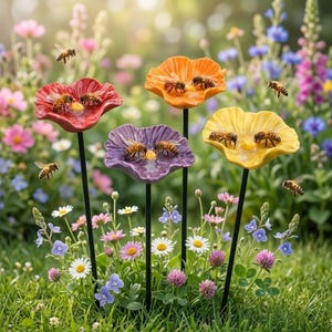 Könnte beinhalten: Eine Gartenszene mit vier bienenfreundlichen Wasserstellen in Form von bunten Blumen aus Keramik. Jede Blume, in Rot, Orange, Lila und Gelb, hat einen schwarzen Stiel und ist von Bienen umgeben. Der Hintergrund ist mit verschiedenen Wildblumen und Grün gefüllt.