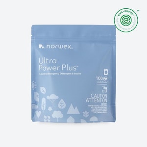 May include: A light blue pouch of Norwex Ultra Power Plus laundry detergent. The pouch has the text "Ultra Power Plus" and "Laundry detergent" printed on it. It contains 1 kg (2.2 lbs) of detergent and is EWG verified.