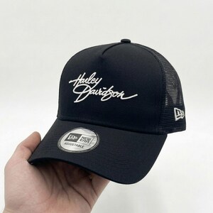 Harley-Davidson Trucker Hat, Trendy Embroidered Script Logo Black Mesh Snapback, Vintage Biker Style Cap, Motorcycle Accessory Gift for Him